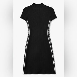 Michael Kors Black Knit Mini Dress with White Logo Side Stripes